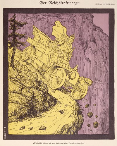 II. Wilhelm (1859-1941) tarafından sürülen Alman İmparatorluğu'nun Arabası 'Simplicissimus' 1907'nin kapağındaki resim (renkli lito) by Thomas Theodor Heine