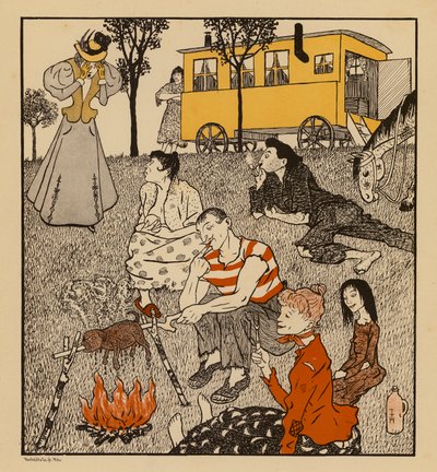 Kocasını çingenelerle yaşarken bulduğu için umutsuzluğa kapılan kadın (renkli taş baskı) by Thomas Theodor Heine