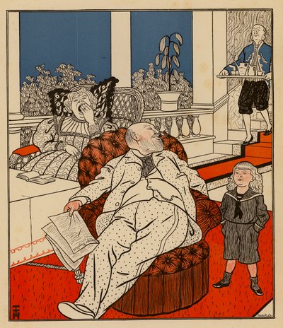Genç çocuk babasına büyüyünce ne olmak istediğini soruyor (renkli taş baskı) by Thomas Theodor Heine