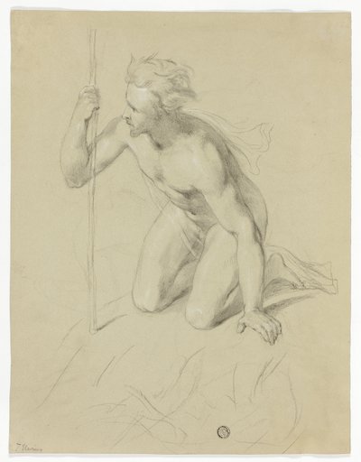 Diz Çökmüş, Elinde Asa Tutan Çıplak Adam (recto); Alp Panoraması (verso) by Thomas Uwins