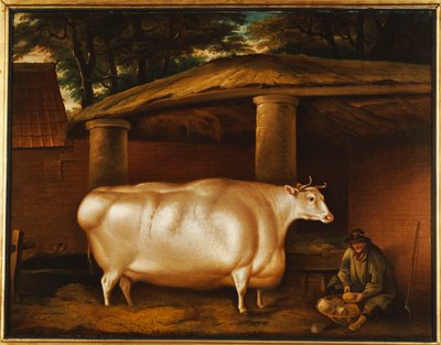Ahır bahçesinde şalgam dilimleyen bir adamla seyahat eden Beyaz Düve, 1811 by Thomas Weaver