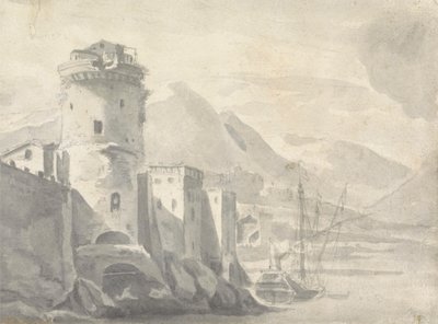 Tekne merkezi ve uzaktaki Dağlar ile bir Nehir Kıyısından (İtalya'da?) Dik bir şekilde yükselen Müstahkem Binalar by Thomas Wyck