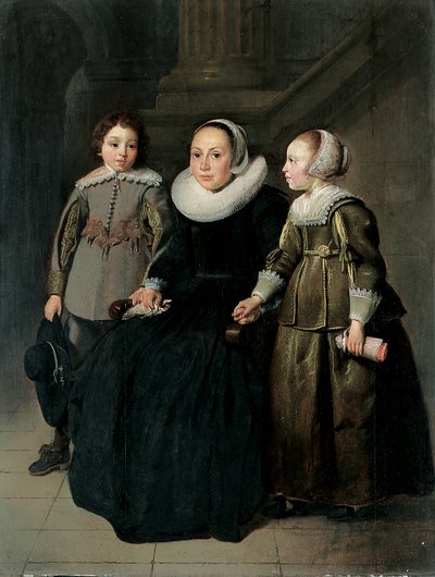 Beyaz fırfırlı ve şapkalı siyah elbiseli, elinde mendil tutan, oğlu gri bir yelek ve kızı yeşil elbiseli, tam boy, oturmuş bir bayanın portresi, 1635 by Thomas de Keyser