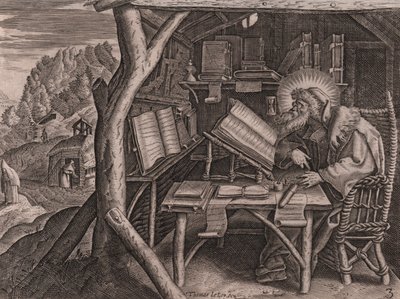 Aziz Evagrius Ponticus çalışmalarına daldı, Thomas de Lieu (1560-1612) tarafından gravür ve burin by Thomas de Leu