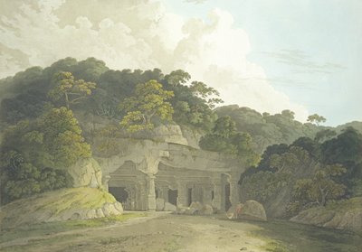 Elephanta Mağarasının Girişi, 'Doğu Manzarası: Hindustan'da Yirmi Dört Manzara'dan 58 numaralı levha, 1800'de yayınlandı by Thomas und William Daniell