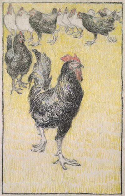 Horoz, ardından siyah beyaz Tavuklar (beyaz kağıt üzerinde siyah ve renkli tebeşir ile grafit, siyah tebeşirle bir çizgi ile kenar) by Théophile Alexandre Steinlen