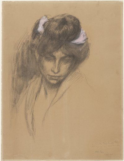 Saçında mor bir kurdele yarası olan esmer kızın kafası, ileriye bakıyor by Théophile Alexandre Steinlen
