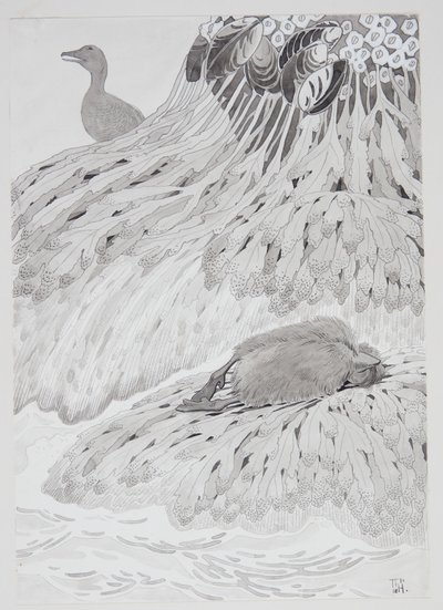 Bir kumsalda bir eider ve ölü bir kuş by Thorolf Holmboe