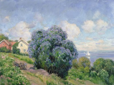 Leylak çalısı, ev ve yelkenli tekne ile yaz manzarası (tuval üzerine yağlı boya) by Thorolf Holmboe