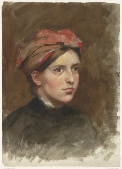 Kırmızı başörtülü genç bir kadının portresi by Thérèse Schwartze