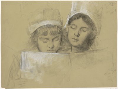 Beyaz şapkalı iki kız kitap okuyor by Thérèse Schwartze