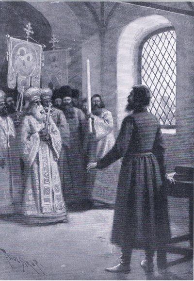 Boris Godunov manastırda emekli olarak, Çar olarak seçilmesini kabul etmesi için yalvardı, Gresham Publishing Co tarafından yayınlanan Landmarks in European History, c.1920 (lito) by Thure de Thulstrup