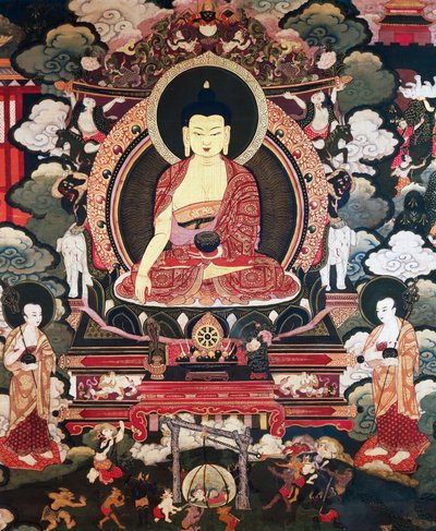 Buda iki büyük öğrencisi Cariputra ve Maudgalyayana arasında oturuyor, Tibet uygarlığı olan Buddha Sakyamuni