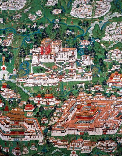 Lhasa şehri ve Potala, renkli gravür by Tibetan School