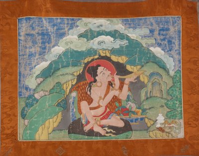 Mahasiddha Krishnacharya, kısmi bir thangkas setinden, 19. yüzyılın başlarında (boyutlu pamukta mineral pigmentler; orijinal brokar montajı) by Tibetan School