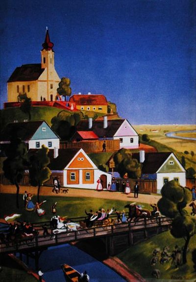Tipik Macar köyü, bir turist broşüründen örnek, 1930-40 dolayları (renkli taş) by Tibor Polya