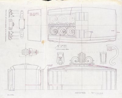 1939 Dünya Fuarı için yapılmış bir Tiffany & Co. sergi merkezi ve iki adet üç ışıklı şamdan için tasarım çizimi, c.1939 (kağıt üzerine mürekkep) by Tiffany and Company