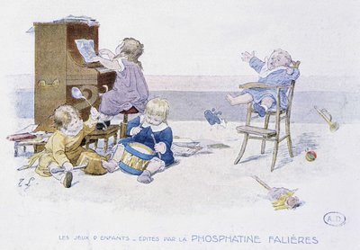 Çocuk oyunları: çeşitli müzik aletleri çalan çocuklar - dess. de Lobrichon, ed. tarafından Phosphatine Falières, v.1920 by Timoleon Marie Lobrichon