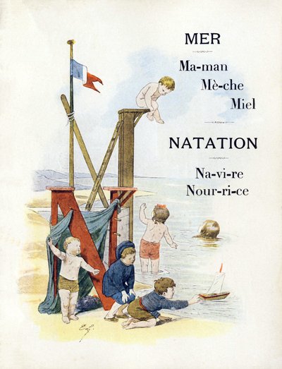 19. yüzyılın sonlarında kumsaldaki çocukları temsil eden M ve N harfleri (kromolitograf) by Timoleon Marie Lobrichon