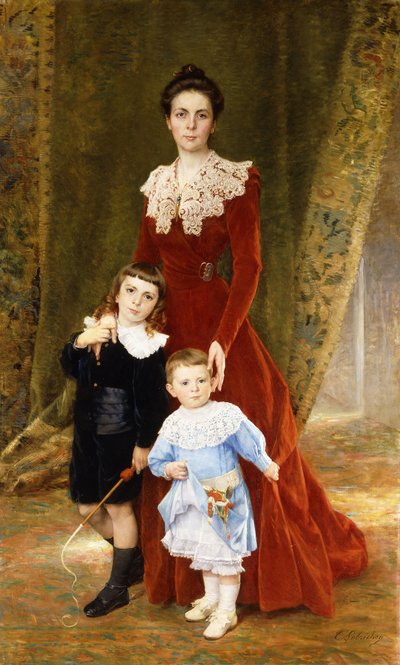 Çocuklarıyla birlikte boydan boya ayakta duran bir Hanımefendinin Portresi, by Timoleon Marie Lobrichon