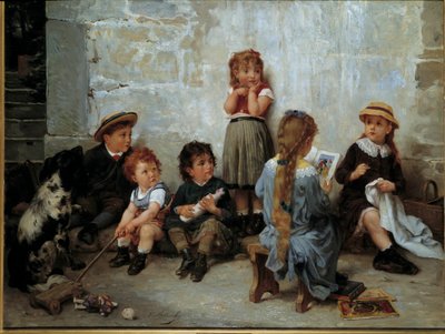Heyecan verici pasaj Çocuklar kitap dinliyor. Timoleon Lobrichon (1831-1914) 19. yüzyıla ait resim. Özel koleksiyon by Timoleon Marie Lobrichon