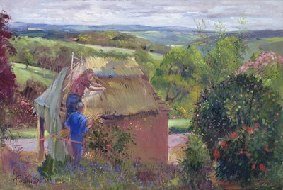 Thatching the Summer House, Lanhydrock House, Cornwall, 1993 by Timothy Easton