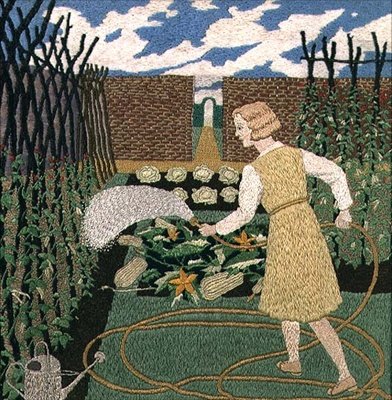 Bahçeyi sulayan kadın (iğne işi) by Tirzah Ravilious