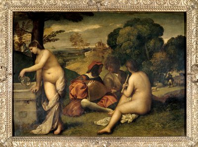 Bando konseri Müzisyenler çimenlerin üzerinde, iki kadın çıplak, biri çeşmedeki testisini suyla doldurdu. Tiziano Vecellio dit le Titian (1485-1576) veya Giorgio da Castelfranco dit Giorgione (1476/1478-1510) Sun