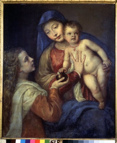 Meryem Ana ile Bakire ve Çocuk (Madonna ve Magdalalı Meryem ile Çocuk). Titian tarafından boyama (Tiziano Vecellio veya Vecelli veya Tiziano da Cador) by Titian (c.1488 1576)