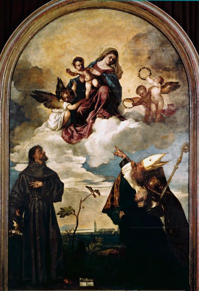 Madonna, Çocuk, Aziz Francis ve Alvise ve bağışçı Luigi Gozzi ile ihtişamlı bir şekilde by Titian (c.1488 1576)