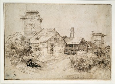 Alp köyü ve kucaklaşan aşıklar (kağıt üzerine kalem ve mürekkep) by Titian (c.1488 1576) (after)