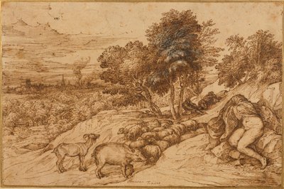 Çıplak bir kadının başını bir pelerinle gizlediği odunsu bir manzara (kremalı kağıt üzerine kalem ve kahverengi mürekkep) by Titian (c.1488 1576)