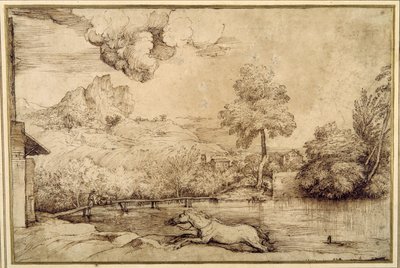 Manzara: Bir yılanın takip ettiği binicisiz bir at (krem renkli kağıt üzerinde kalem ve kahverengi mürekkep) by Titian (c.1488 1576)