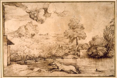 Manzara: Bir yılanın takip ettiği binicisiz bir at (krem kağıt üzerinde kalem ve kahverengi mürekkep) by Titian (c.1488 1576)