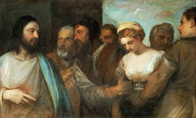 Le Christ et la femme adultere - Mesih ve Zina Edilen Kadın, Titian (1488-1576). Tuval üzerine yağlı boya, c. 1520. Ebat : 82,5x136,5 cm. Sanat Tarihi Müzesi, Viyana by Tiziano Vecelli