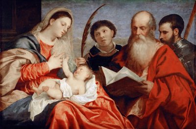Aziz Stephen, Jerome ve Maurice ile Bakire ve Çocuk - Titian (1488-1576). Ahşap üzerine yağlı boya, c. 1520. Ebat : 92,7x138 cm. Sanat Tarihi Müzesi, Viyana by Titian (c.1488 1576)