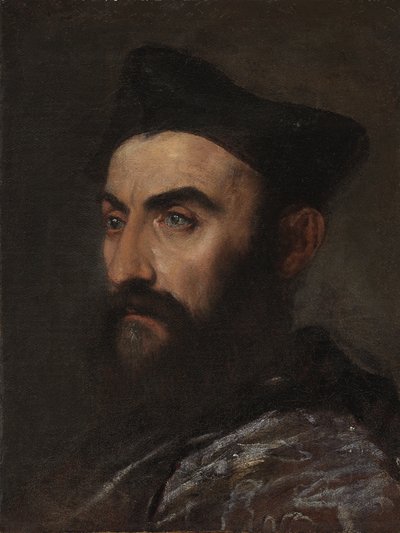 Mavi ceketli ve siyah şapkalı, büstü boyunda bir din adamının portresi - bir parça by Tiziano Vecelli