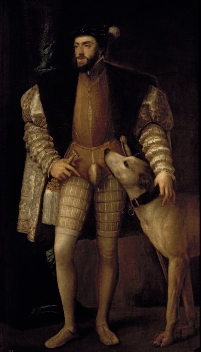 Charles V (1500-58) Kutsal Roma İmparatoru ve Köpeğiyle İspanya Kralı, 1533 by Tiziano Vecelli