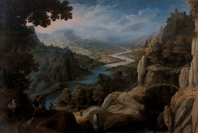 İlerideki bir uçurumun tepesinde müstahkem bir kasaba olan Jacob ve Laban'ın Uzlaşması ile Kapsamlı Dağlık Bir Nehir Manzarası by Tobias Verhaecht