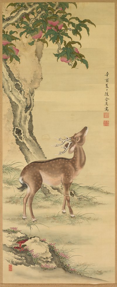 Uzun Ömür Sembolleri: Şeftali ve Çam Çamının Altındaki Geyik, 1801. by Toda Tadanaka