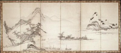 Göl kıyısındaki bir köprüde gezginler, yaklaşık 1700 (kağıt üzerine mürekkep ve renkli) by Toetsu Toetsu