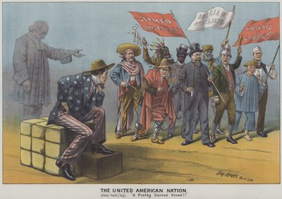 Birleşik Amerikan Ulusu, 19. yüzyıl Amerikan toplumundaki göçmen çeşitliliği üzerine hiciv (renkli taş baskı) by Tom Merry