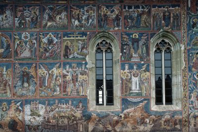 Azizlerin figürleri, Moldovita manastırının dış duvarlarında fresk by Toma de la Suceava