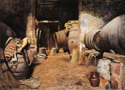 Bir hücrenin içi. Saman ve at eyerinde fıçılar olan ahır. Tomas Moragas Y Torras (1837-1906), 19. yüzyıl sonu tablosu. Tuval üzerine yağlıboya. Barselona, Katalonya Ulusal Sanat Müzesi. by Tomas Moragas y Torras