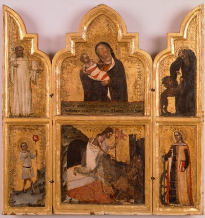 Tommaso da Modena (1326-1379) tarafından Bakire ve Çocuk, Mesih ve Azizlerin dirilişi ile ahşap, altın poliptik. by Tomaso da (late 15th century) Modena