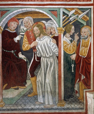 İsa, Başrahip, Petrus ve hizmetçinin önünde by Tommaso (active 1479 1509) (workshop) Cagnola