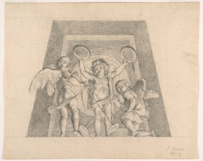 Tef ve Trompetli Üç Putti, Sala delle Muse Lunette için Tasarım, Museo Pio-Clementino, Vatikan by Tommaso Maria Conca