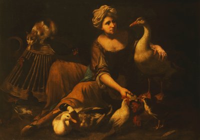 Horoz Besleyen Kız, Sepet Üzerinde Kedi, Kaz, Ördek ve Diğer Kuşlar by Tommaso Salini