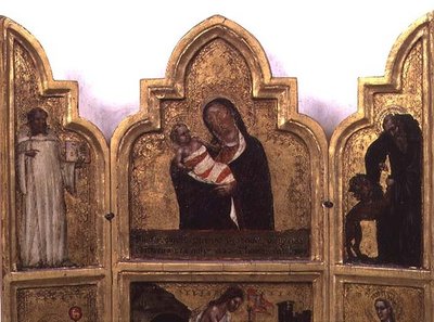 St. Benedict ve St. Jerome ile Madonna ve Çocuk, triptiğin üst yarısı (ayrıca bkz. 78652) by Tommaso da Modena Barisino or Rabisino