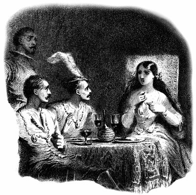 Şarap kadehlerinin önünde duran genç bir kadın ve üç erkek. -Tony Johannot (Antoine Johannot, dit) tarafından yapılmış bir gravürün (oyma) detayı. by Tony Johannot